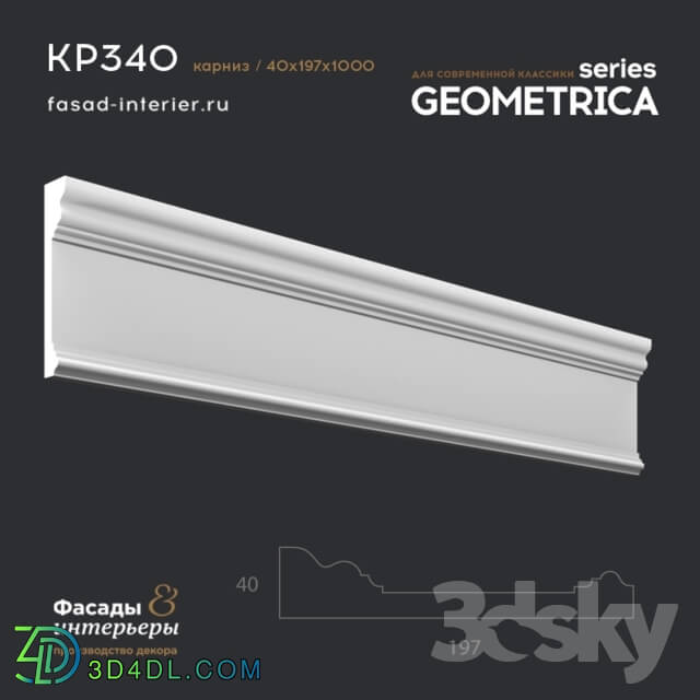 Decorative plaster - Gypsum cornice - KP340. Dimensions _40x197x1000_. Exclusive decor series _Geometrica_.