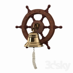 Other decorative objects - Wood and Brass Ship Wheel Bell Sculpture 