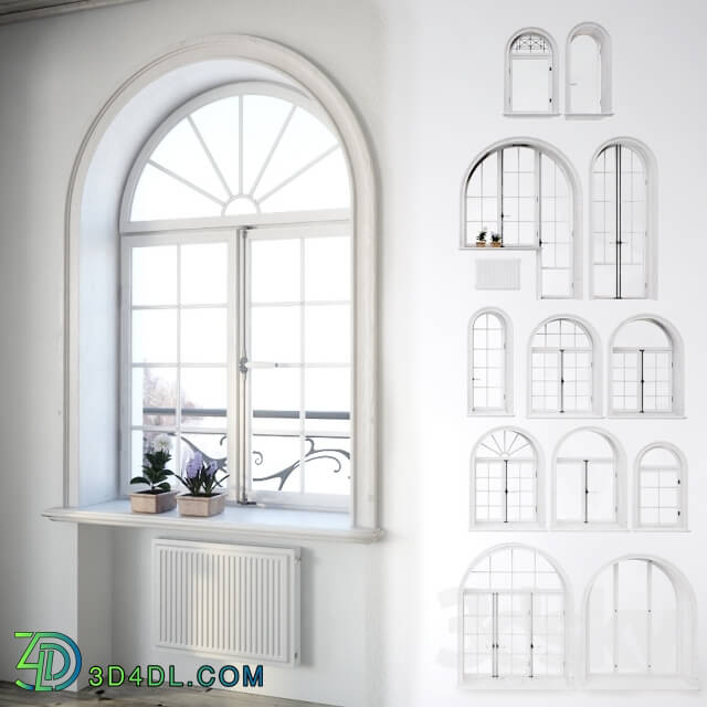 Windows - Set classical arched windows with decor