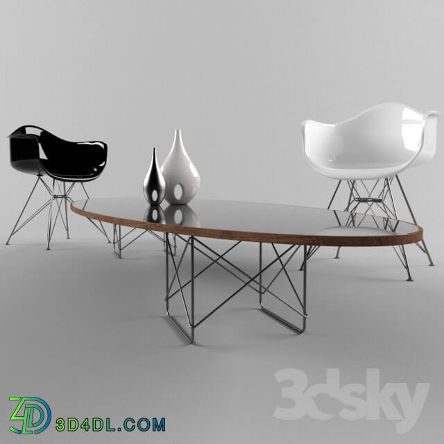 Table _ Chair - Wire Base Elliptical Table and Molded Fiberglass Wire Base Armchair