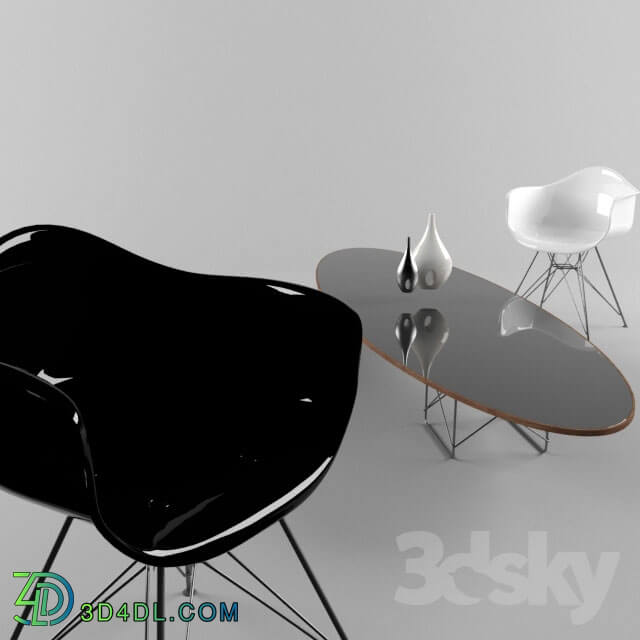 Table _ Chair - Wire Base Elliptical Table and Molded Fiberglass Wire Base Armchair