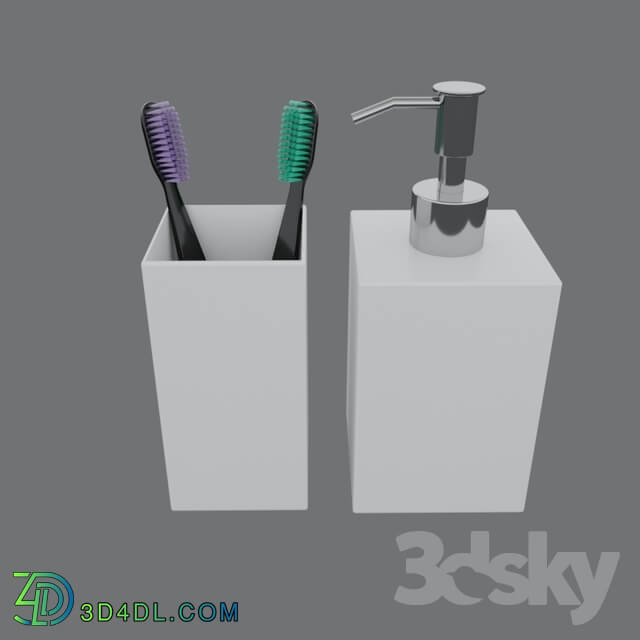 Bathroom accessories - toothbrushes in a glass with a dispenser for liquid soap