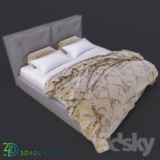 Bed - gray bed with duvet and pillows