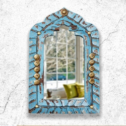 Mirror - Mini Blue Carved Wood Mirror 
