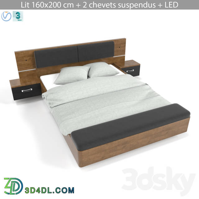Bed - Lit 160x200 cm _ 2 chevets suspendus _ LED