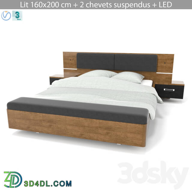 Bed - Lit 160x200 cm _ 2 chevets suspendus _ LED