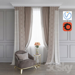 A curtain an armchair and a table with roses Vray Corona  