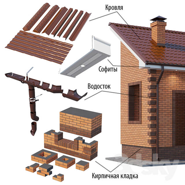 A set of elements for building a brick house
