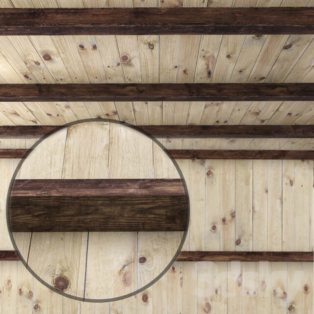 Wooden ceiling with beams.