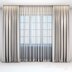 Satin straight beige curtains in the floor and tulle in a modern style 
