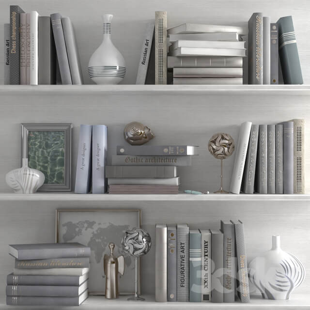 A set of books with a decor in bright tones on the shelves