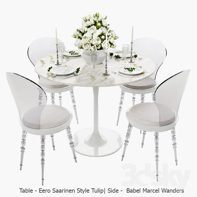 Table Chair White set Babel chair by Marcel Wanders table Eero Saarinen Style Tulip serving.