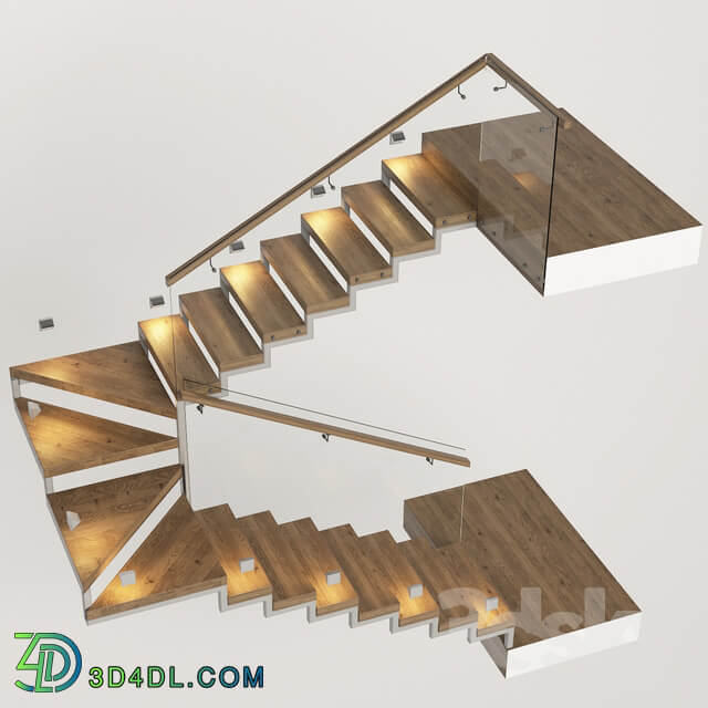 Stairs with a landing platform made of wood glass and metal with illumination PROFI LED IP44