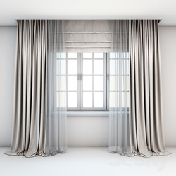 Light beige curtains in the floor with tulle decoration Roman curtains and a window with layouts. 