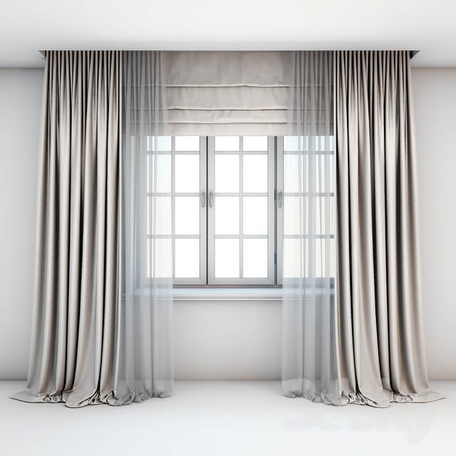 Light beige curtains in the floor with tulle decoration Roman curtains and a window with layouts.