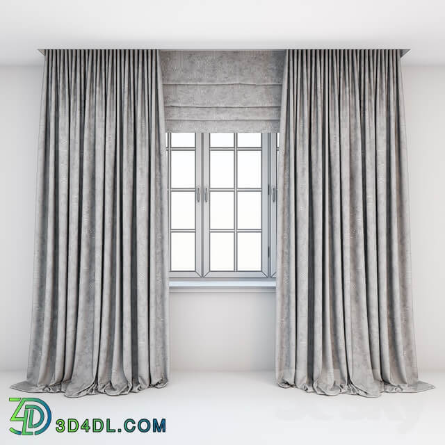 Light beige curtains in the floor with tulle decoration Roman curtains and a window with layouts.