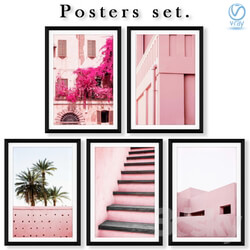 Collection of posters with pink architecture. 