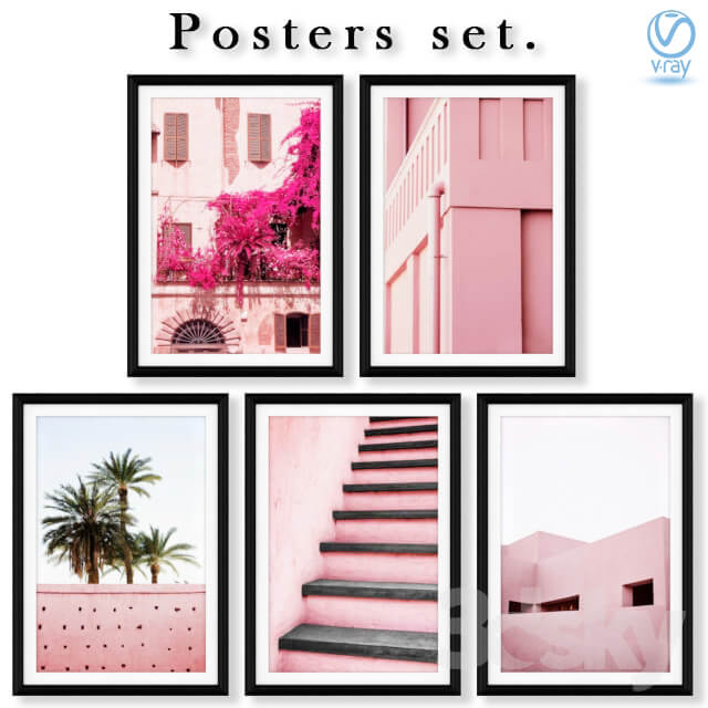 Collection of posters with pink architecture.