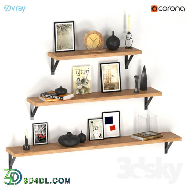 Decorative set of three shelves with filling.
