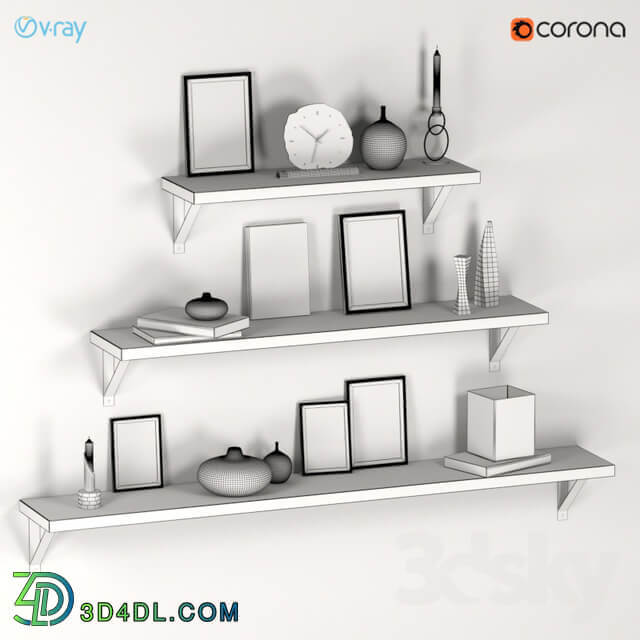 Decorative set of three shelves with filling.