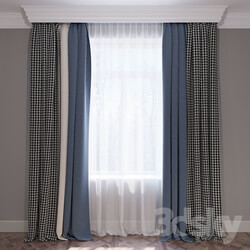 Curtains blue beige and houndstooth set of curtains 01 