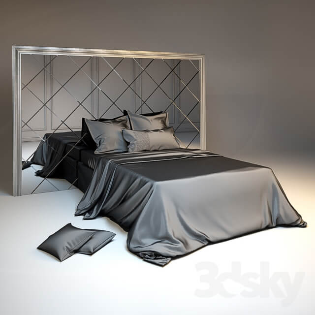 Bed Silk bedding and headboard with mirror tiles in a silver frame