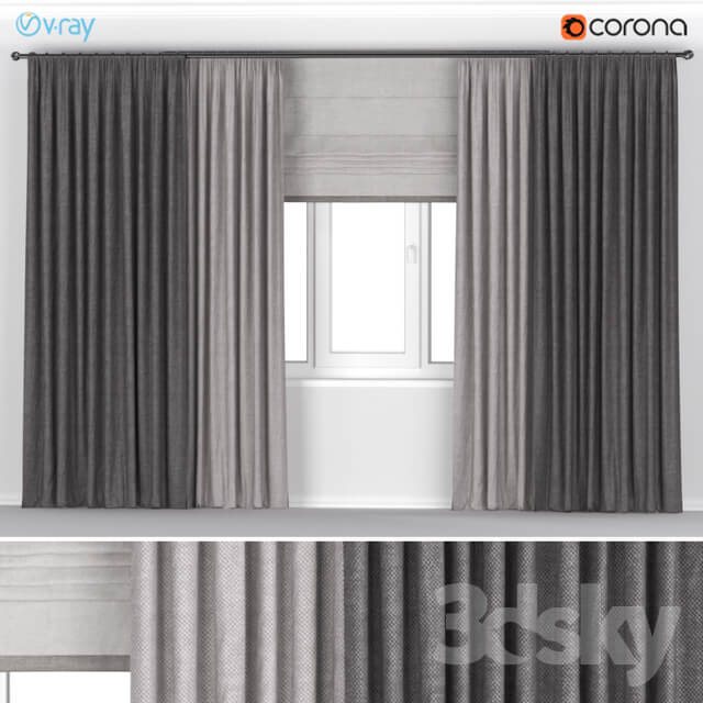 Brown thick wide curtains in two colors Roman blinds.