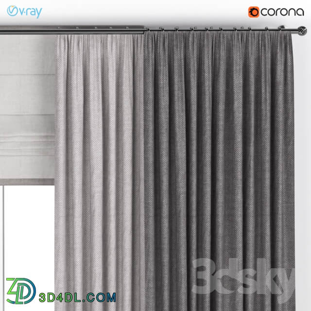 Brown thick wide curtains in two colors Roman blinds.