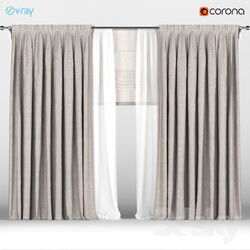 Brown curtains with white tulle Roman blinds. 