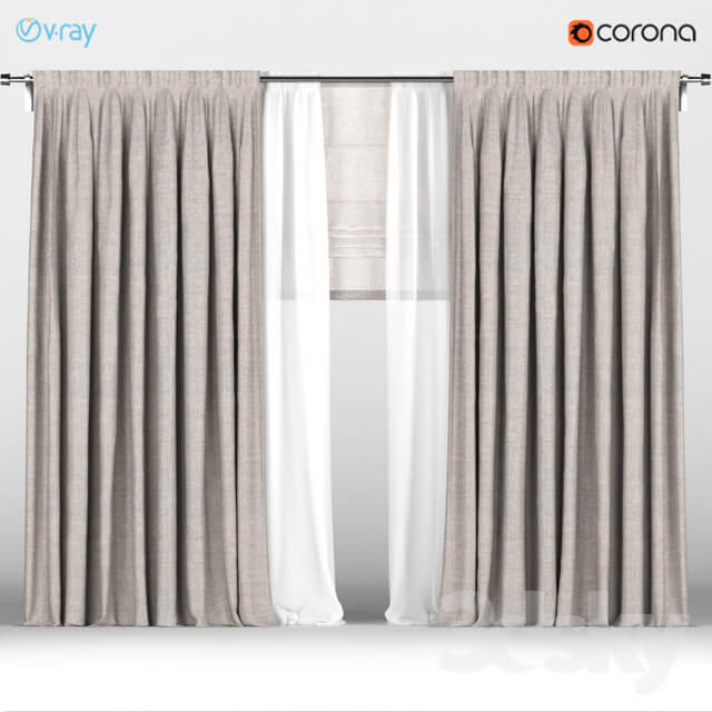 Brown curtains with white tulle Roman blinds.