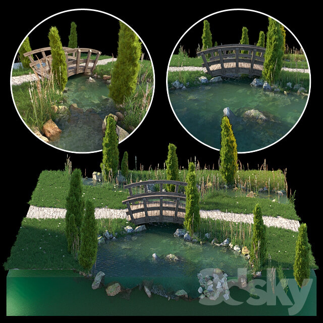 Stream and wooden bridge Environment elements 3D Models