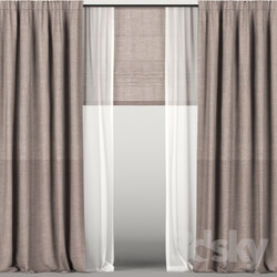 Brown curtains with tulle Roman blinds. 
