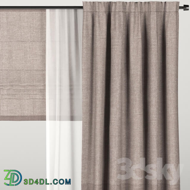 Brown curtains with tulle Roman blinds.