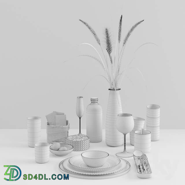 Hygge tableware with dried grass Tableware 3D Models