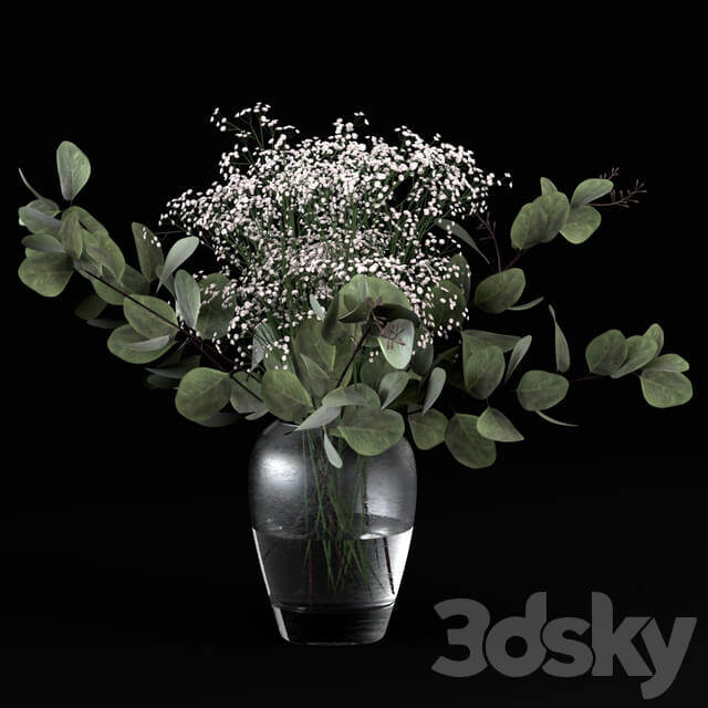 Bouquets of eucalyptus with flowers and grass