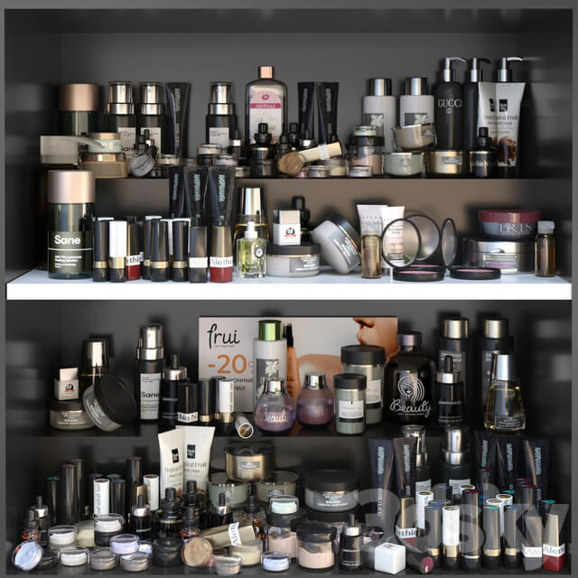 Shelf with a set of cosmetics for beauty salons shops or dutifree. Make up 3D Models