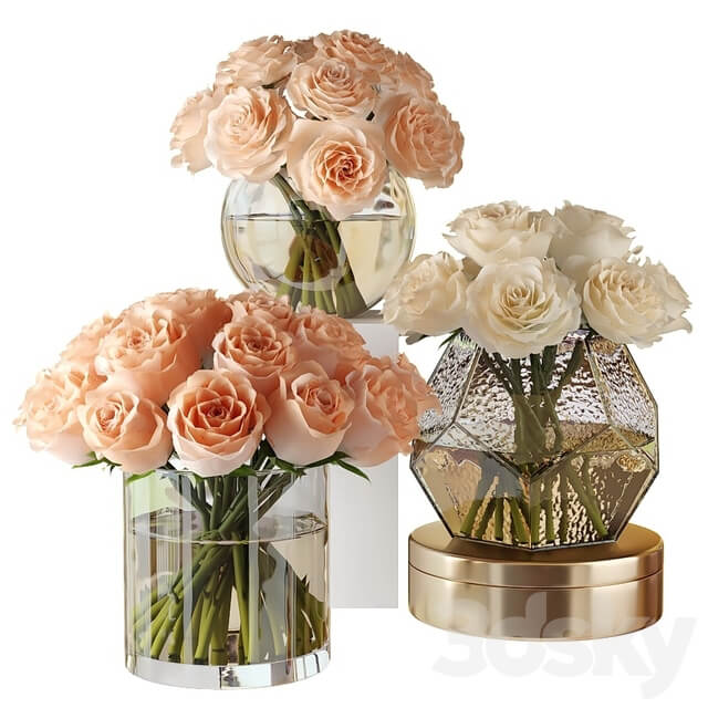 Pink and white roses in glass vases