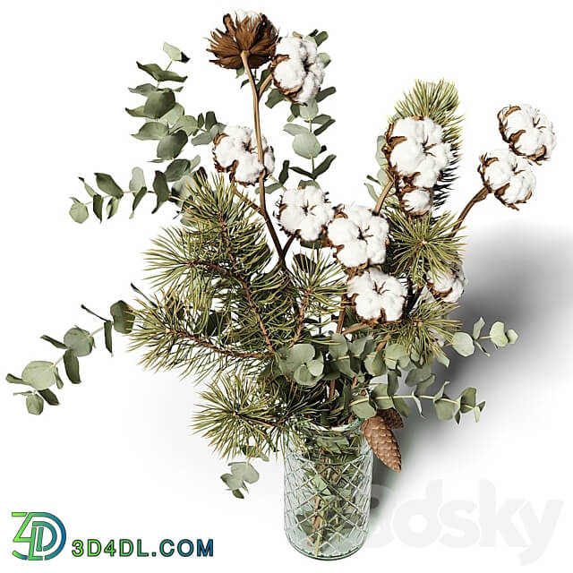 Bouquet of eucalyptus pine and cotton in a glass vase