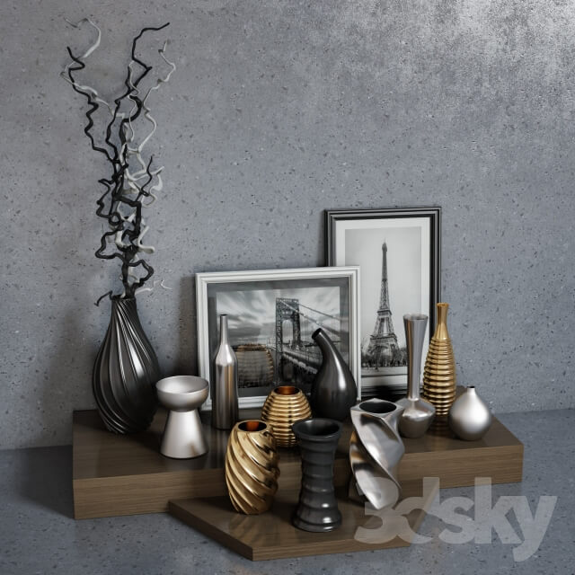 Set decoration of vases paintings and branches