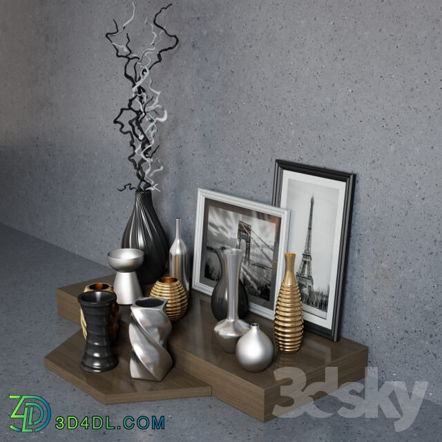 Set decoration of vases paintings and branches