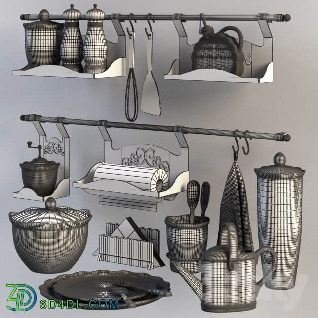 A set of dishes and rail for kitchen