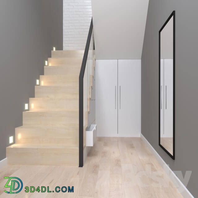 Staircase with storage and mirror system