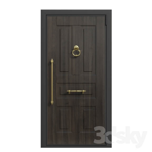 Front door with a hammer and a decorative handle