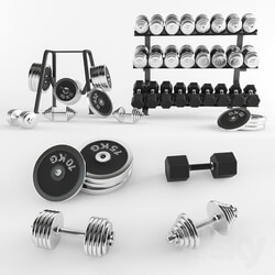 A set of sports dumbbells and pancakes on the racks. 