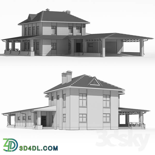 Two storey country house with attached garage and a canopy