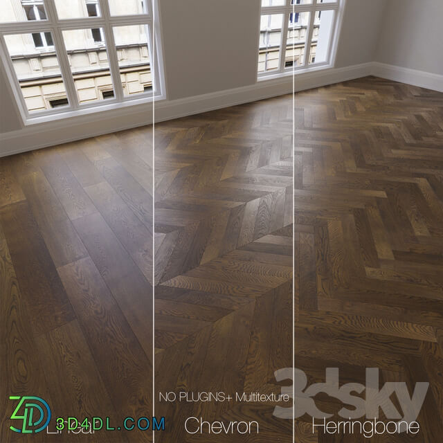 Wood Parquet natural oak smoked 3 kinds. Linear chevron herringbone.