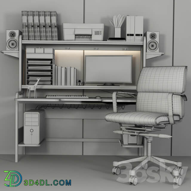 Collection of office furniture for home and stationery. Computer table and chair Office furniture 3D Models