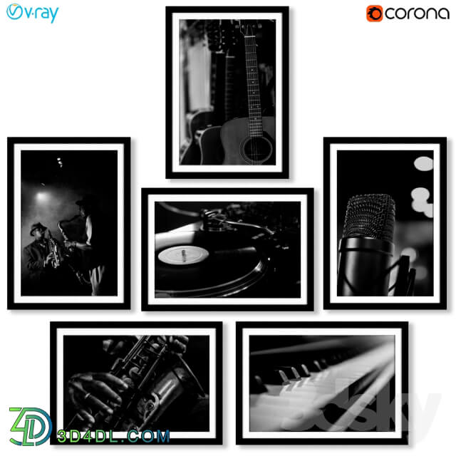 A series of black and white posters with musical instruments.