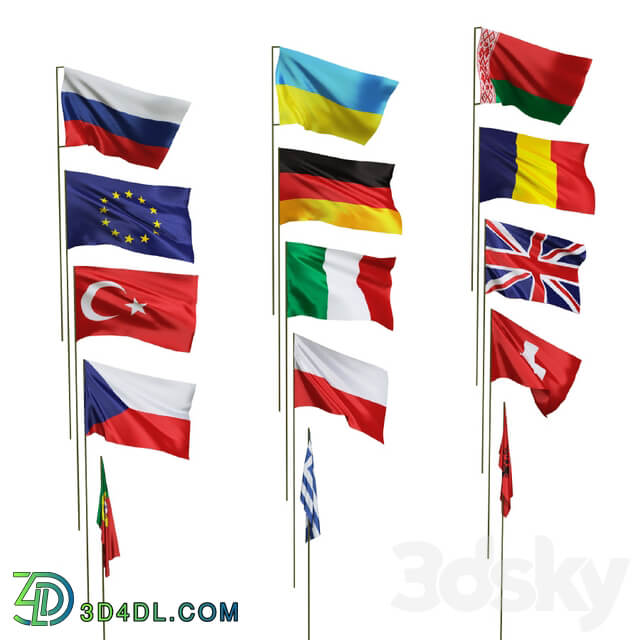 Flags of different countries. 15 species Urban environment 3D Models