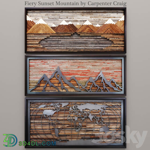 Fiery Sunset Mountain by Carpenter Craig set of paintings panels mountains wall decor wooden slats boards world map 3D Models